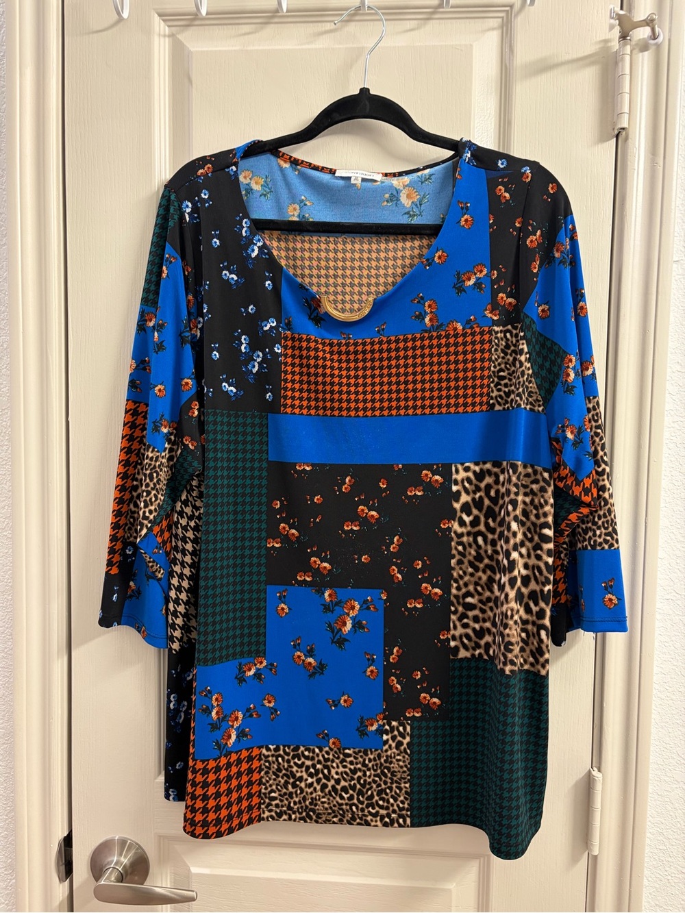 Calvin Klein Blue Multi-Pattern Patchwork Long Sleeve Dress